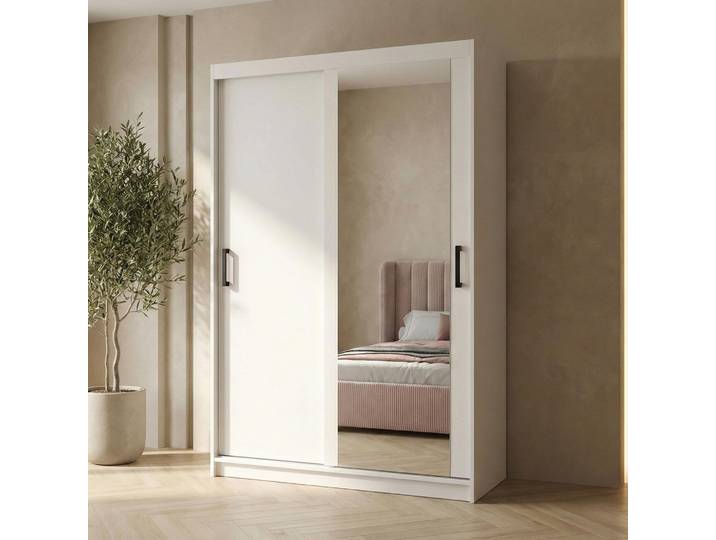 BEAUTYSOFA Schwebetürenschrank HELA 100 cm Weiß – 2-türig Moderner Kleiderschrank mit Spiegel, Schiebetüren und Schubladencontainer