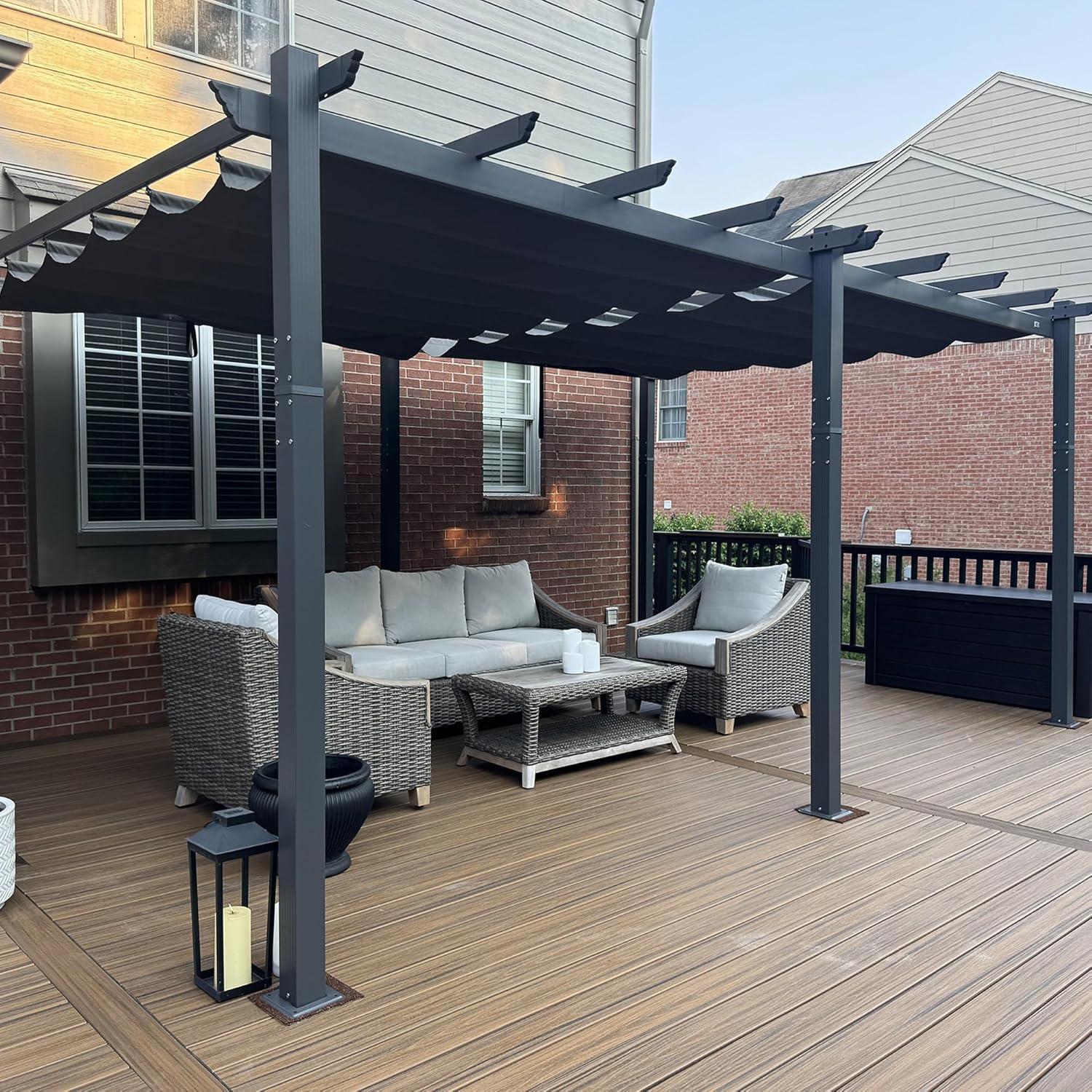 PURPLE LEAF Aluminium Pergola 3.65 x 5.5 m Wasserdicht Stabil Winterfest, Garten Pavillon mit Schiebedach, UV-Schutz, Beige