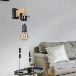 Wandleuchte hängend Wandlampe aus Holz mit Schraubzwinge schwarz, 1x E27, Textilkabel schwarz, 14x28x15cm, Flur Schlafzimmer Treppenhaus Wohnzimmer