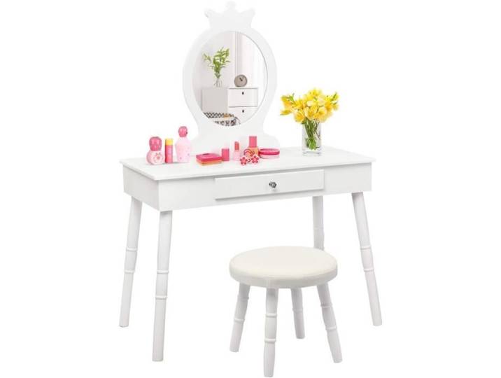 COSTWAY Coiffeuse Enfant avec Tiroir et tabouret Table de Maquillage de Filles Style Princesse Européenne Blanc