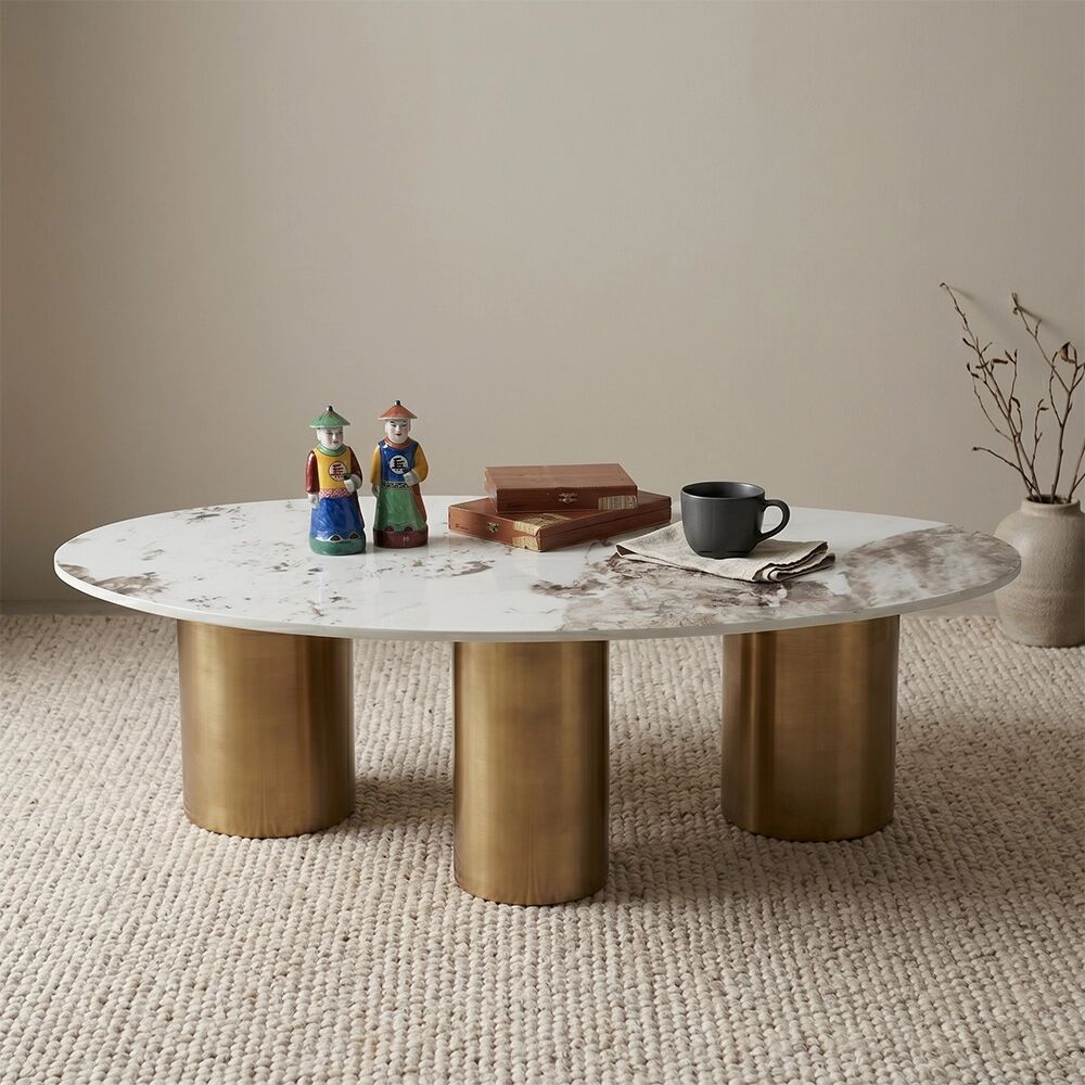 Tuttoperlestetica Tavolino da Salotto Lomaki Japandi con Top in Ceramica Effetto Marmo Calacatta e Struttura Oro