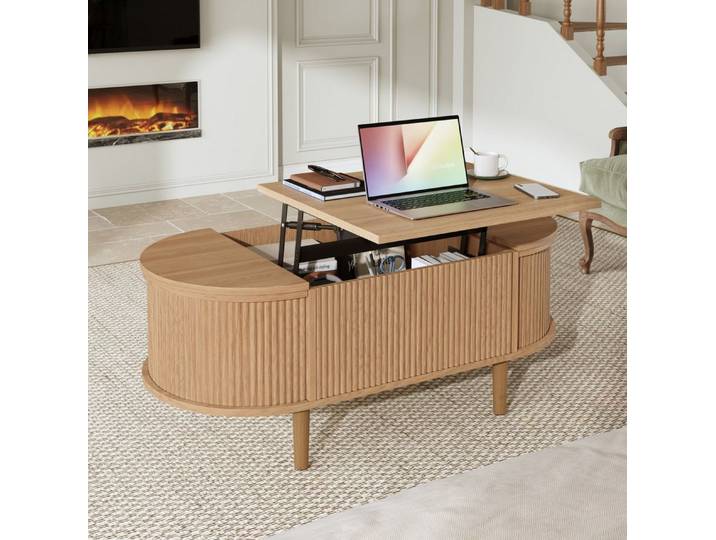 REDOM Couchtisch Vintage-Wohnzimmertisch mit vertikalen Streifen & Ovalform (Packung, 1-St., Eiche, 100×53,5×48 cm, hebbare Platte), Retro-Luxus, konische Massivholzbeine