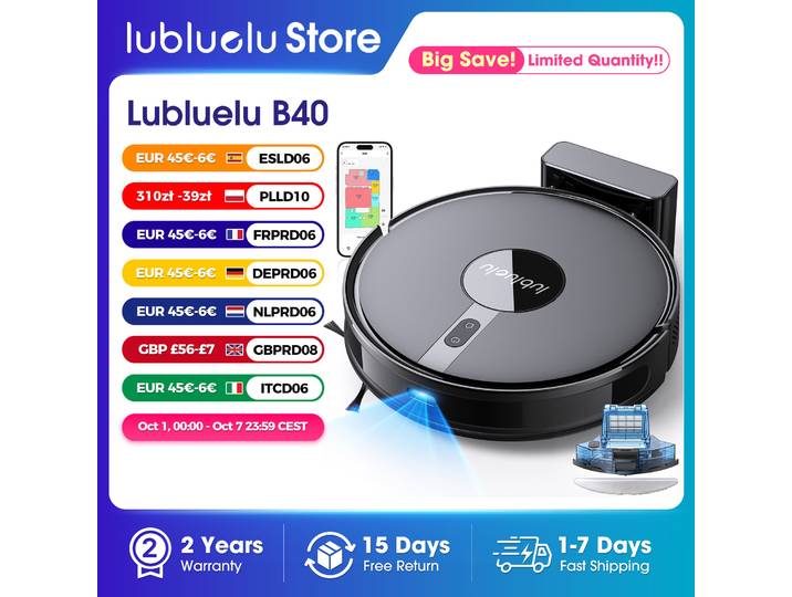 Robot aspirateur et laveur Lubluelu B40, aspiration puissante de 5800 Pa, autonomie de 180 minutes, contrôle par application, cartographie intelligente, 34 zones interdites