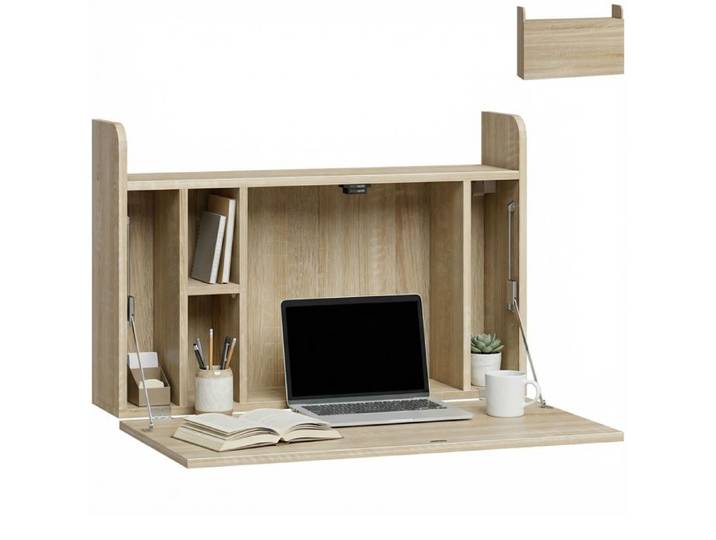Bureau suspendu - HOMCOM - table murale d'ordinateur tablette rabattable avec rangements - bois - 77x20x51cm - chêne
