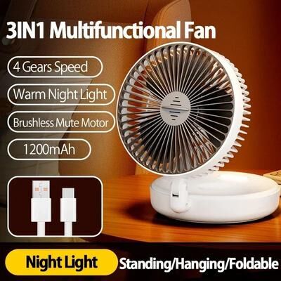 Uplift Treasures Foldable Rechargeable Wall Mounted Ceiling Fan With LED Light rechargeable White