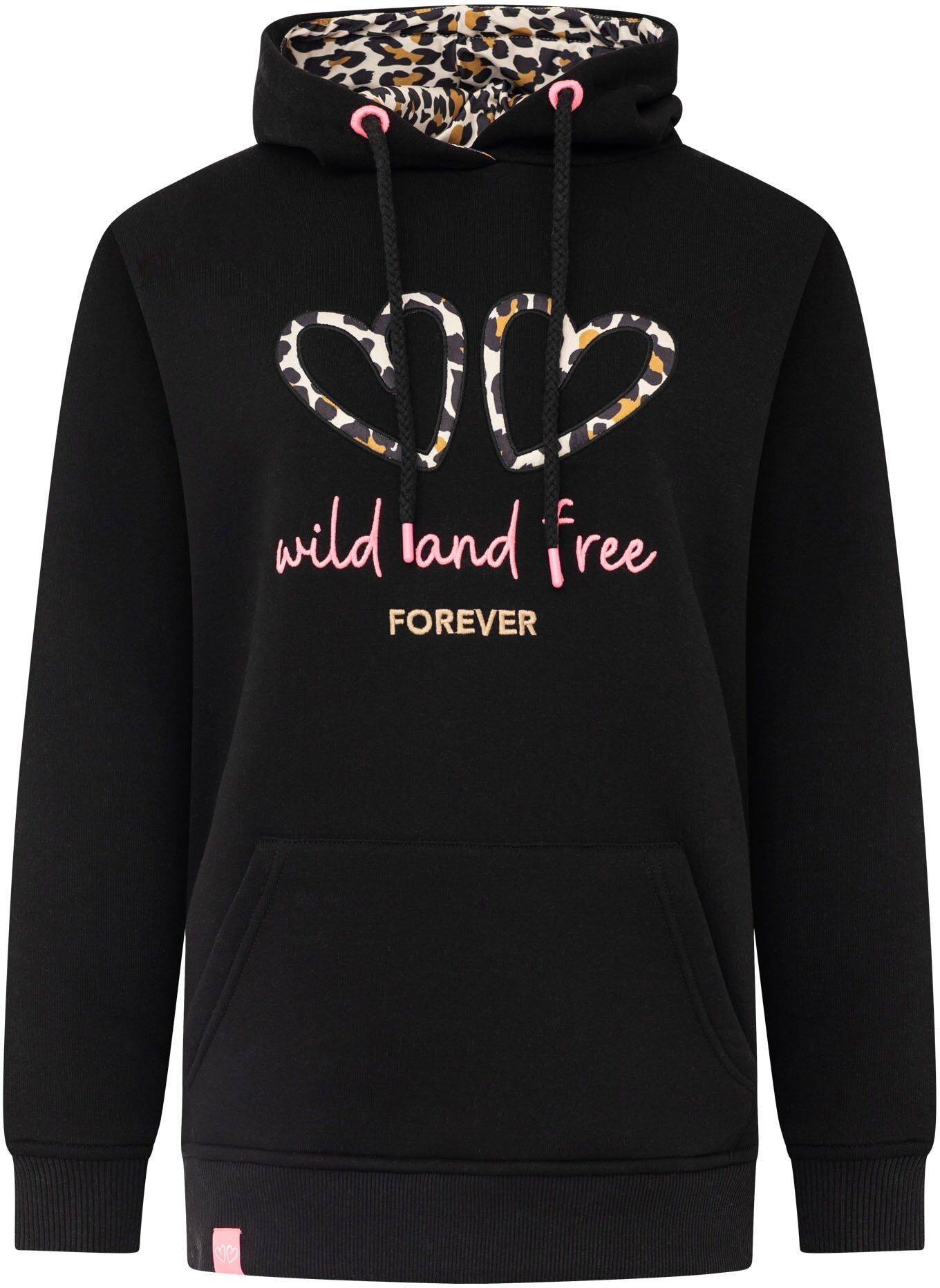 Hoodie ZWILLINGSHERZ "FOREVER wild", Damen, Gr. L/XL, schwarz, Sweatware, Obermaterial: 50% Baumwolle, 50% Polyester, Sweatshirts Hoodie, zwei gestickte Herzmotive, Leo-Design, Kapuze, Kängurutasche schwarz L/XL