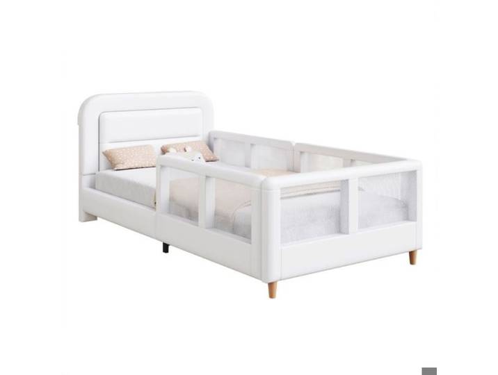 Lit simple 90x200 avec sommier structure rembourrée blanche style campagne bois massif idéal premier lit enfant ou a LIT COMPLET