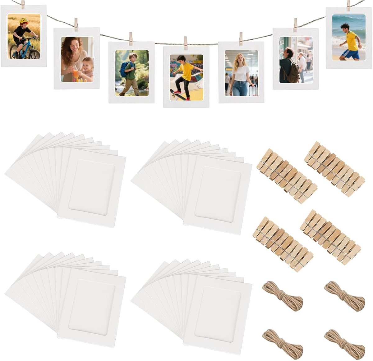 SnelShoppen 40-delige Fotogirlande Set met Houten Klemmen en Jute Touw voor DIY Fotowand Decoratie
