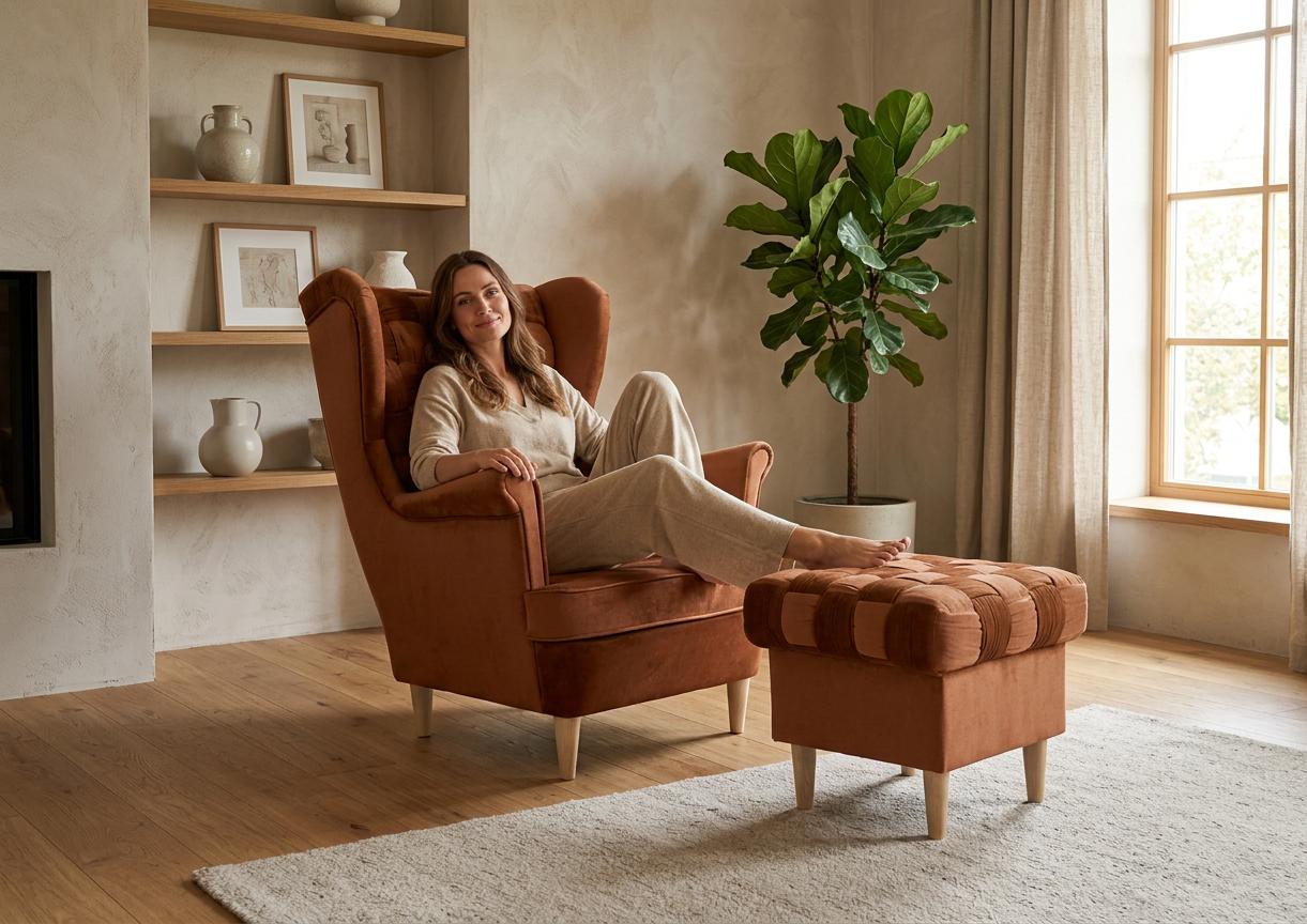 Ohrensessel CAROL Royal - Sessel mit Hocker, Velours in Fuchsia, Family Meble
