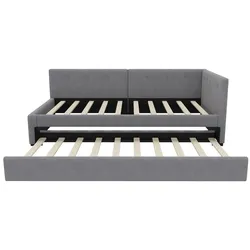 STILVORA Tagesbett Samt Grau 90x200 cm mit ausziehbarem Rollbett, Lattenrost und Kopfteil