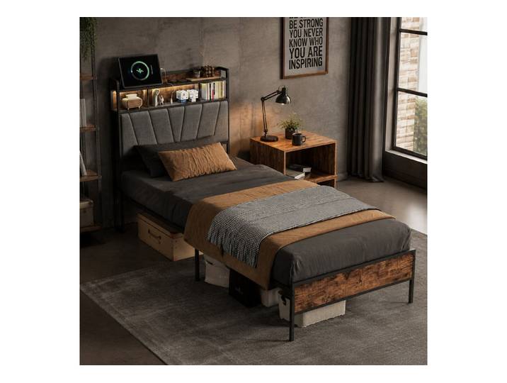 Simurq Einzelbett Einzelbett 90x200 mit LED-Kopfteil und USB-Anschluss (Bett 90x200 mit Lattenrost), Industrie-Design Bettgestell mit Stauraum unter dem Bett