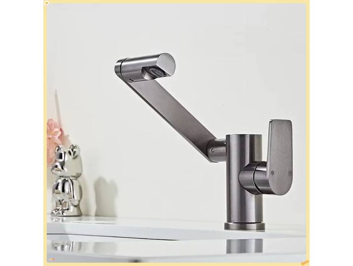 Robinet de lavabo de salle de bain en aluminium gris 360 ° Robinet de lavabo pivotant avec flexible extractible, mitigeur chaud/froid pour salle de bain