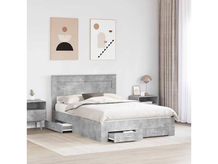 KTHLBRH Bettgestell grau Zement 140 x 200 cm Technisches Holz, feste Lattenroste, 2 Schubladen, Metallgriffe