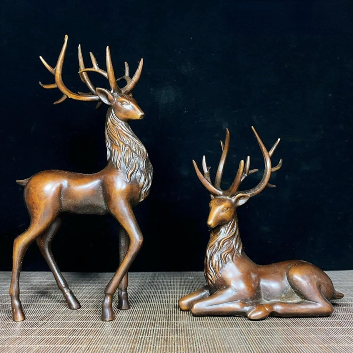 Set van 2 antieke bronzen sikahertenbeeldjes voor decoratie op bureau, bar of boekenplank