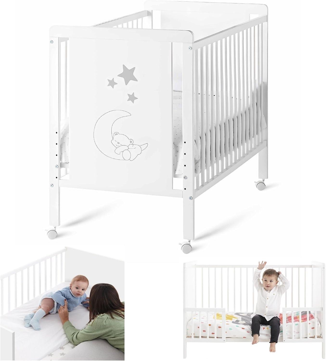 Indi Kinderbett mit Bettset für Unisex, im nordischen Stil, aus Buchenholz, inklusive Bausatz und 4 Rollen sowie Geländern zur Umwandlung in ein Kinderbett