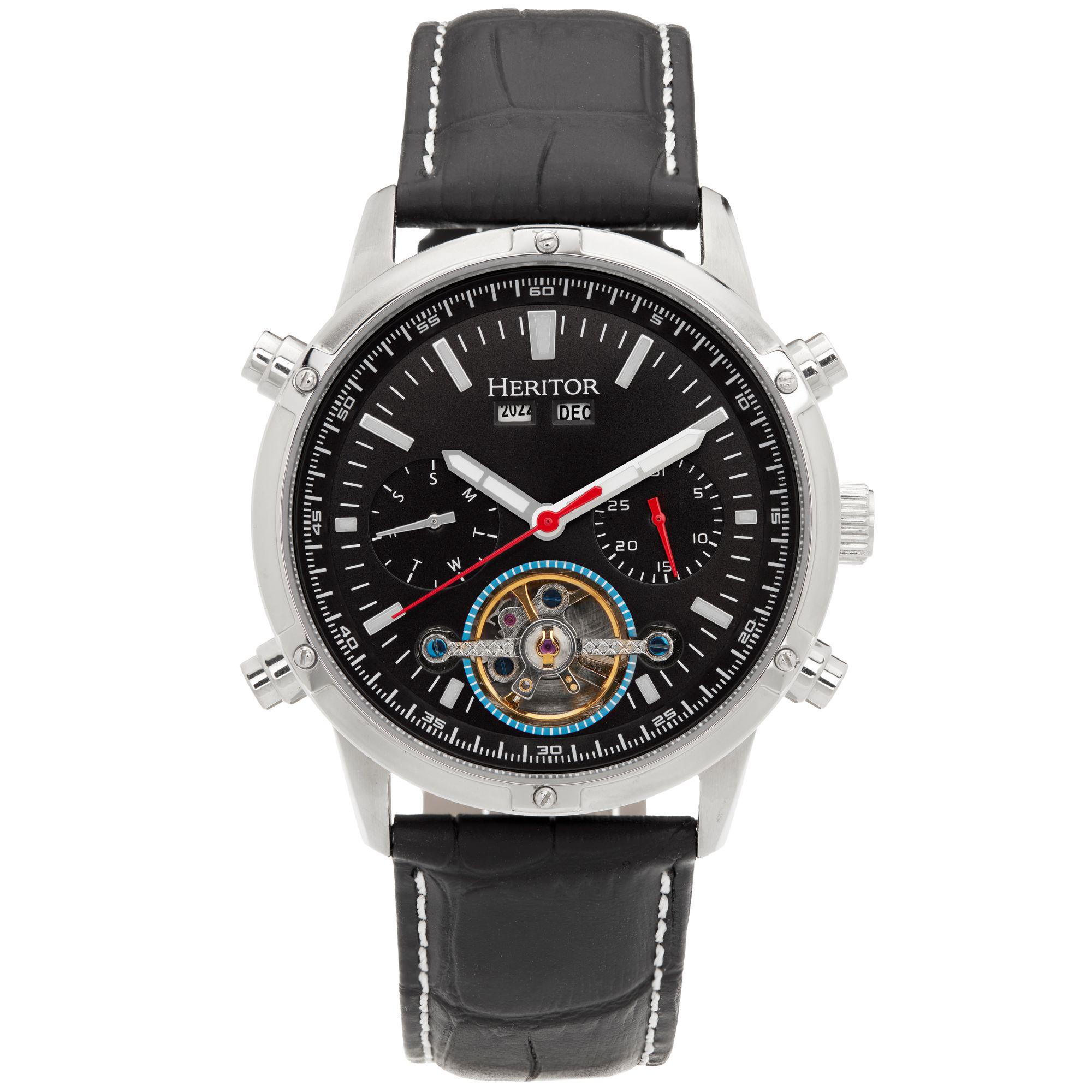 Heritor automatisch Wilhelm semi-skelet lederen band horloge met dag/datum
