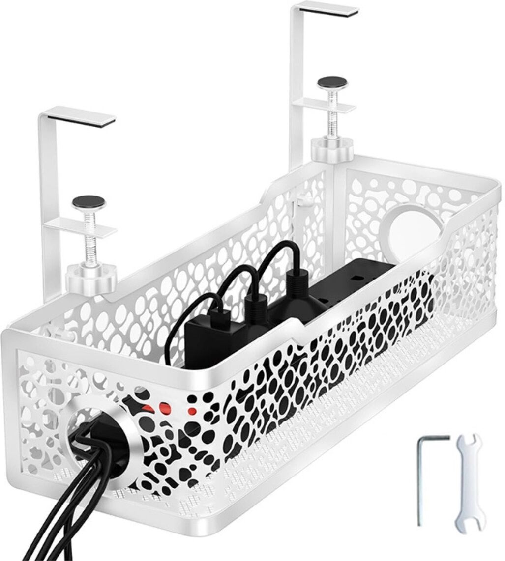 INF Clip-On Untertisch-Aufbewahrungskorb - bohrfreier Carbonstahl-Mesh Organizer, 33cm x 30cm x 10cm, verstellbare Klemme Weiß