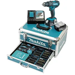Makita Akku-Schlagbohrschrauber 18V / 3,0 Ah, 2 Akkus + Ladegerät im Alukoffer + 96-tlg. Zubehör-Set - DHP482RFX9