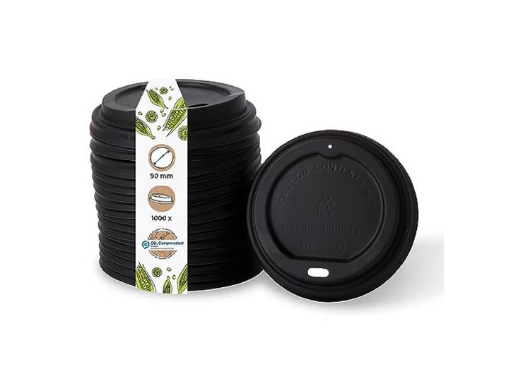 BIOZOYG Coffee To Go Deckel für Trinkbecher Ø 90mm I 1000 Deckel für Pappbecher aus CPLA Biokunststoff 100% biologisch abbaubar, kompostierbar, recycelbar I Trinkloch Becherdeckel flach schwarz