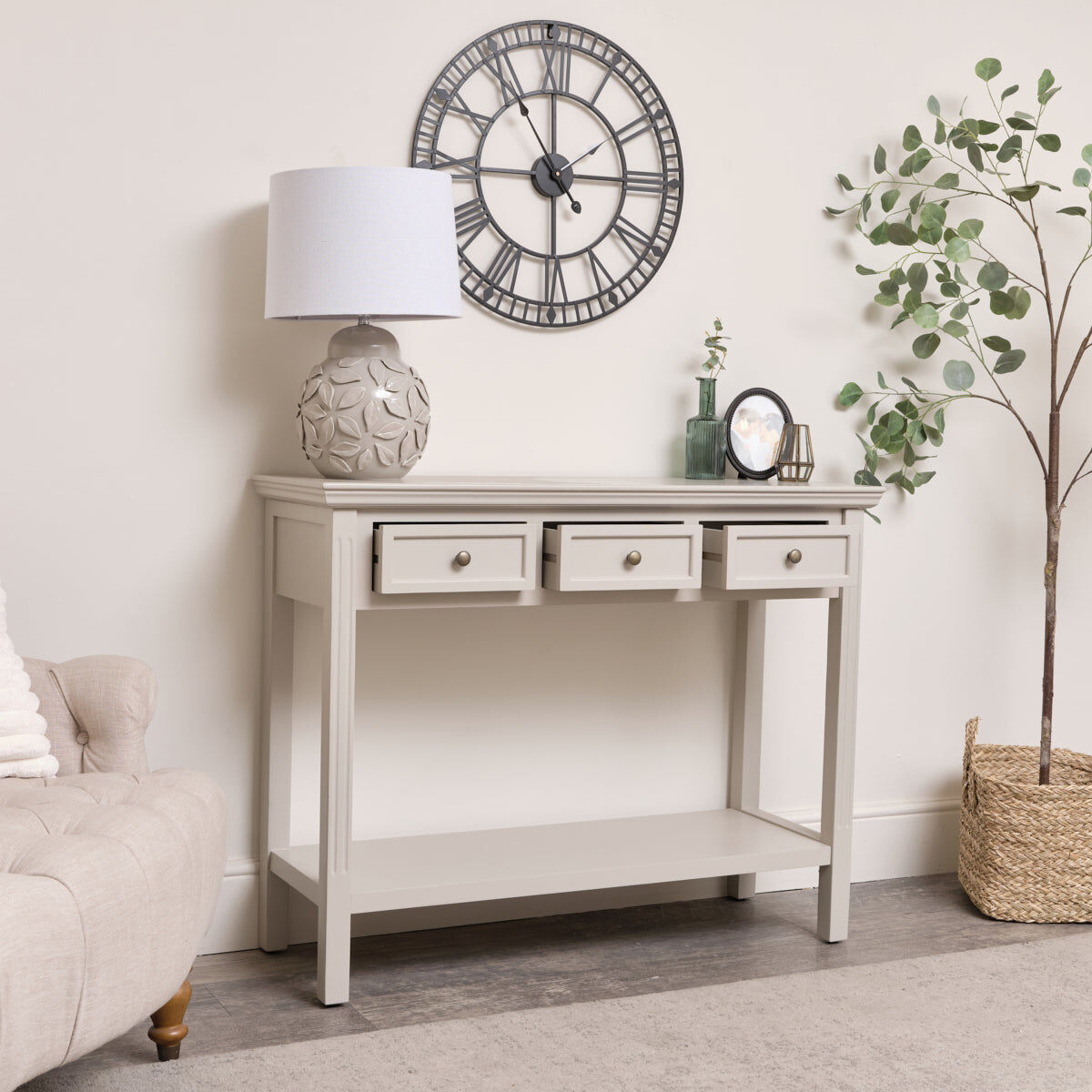 Large 3 Drawer Sideboard Console Table - Daventry Taupe-Grey Range Wood, Metal