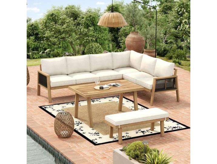 Salon de jardin exterieur - canapé D'angle + table basse - artisanat en corde tressée - adapté au jardin - nature + crème