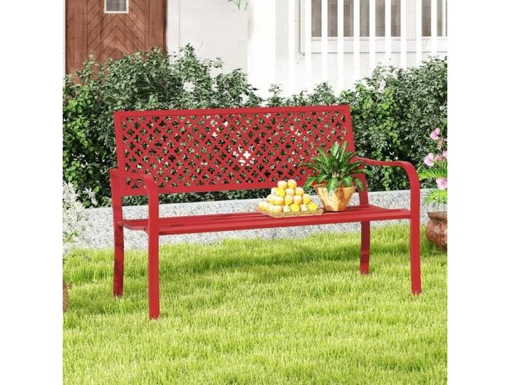 COSTWAY Banc de Jardin Extérieur pour 2 Personnes Dossier Ajouré Siège à Lattes Accoudoirs pour Pelouse Terrasse Parc Rouge