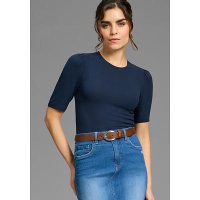 T-Shirt LAURA SCOTT, Damen, Gr. 44/46, blau (navy), Jersey, Obermaterial: 95% Viskose, 5% Elasthan, unifarben, figurbetont hüftlang, Rundhals, Puffärmel, Shirts T-Shirt, mit Ballon-Ärmel, Halbarm, figurnahe Passform