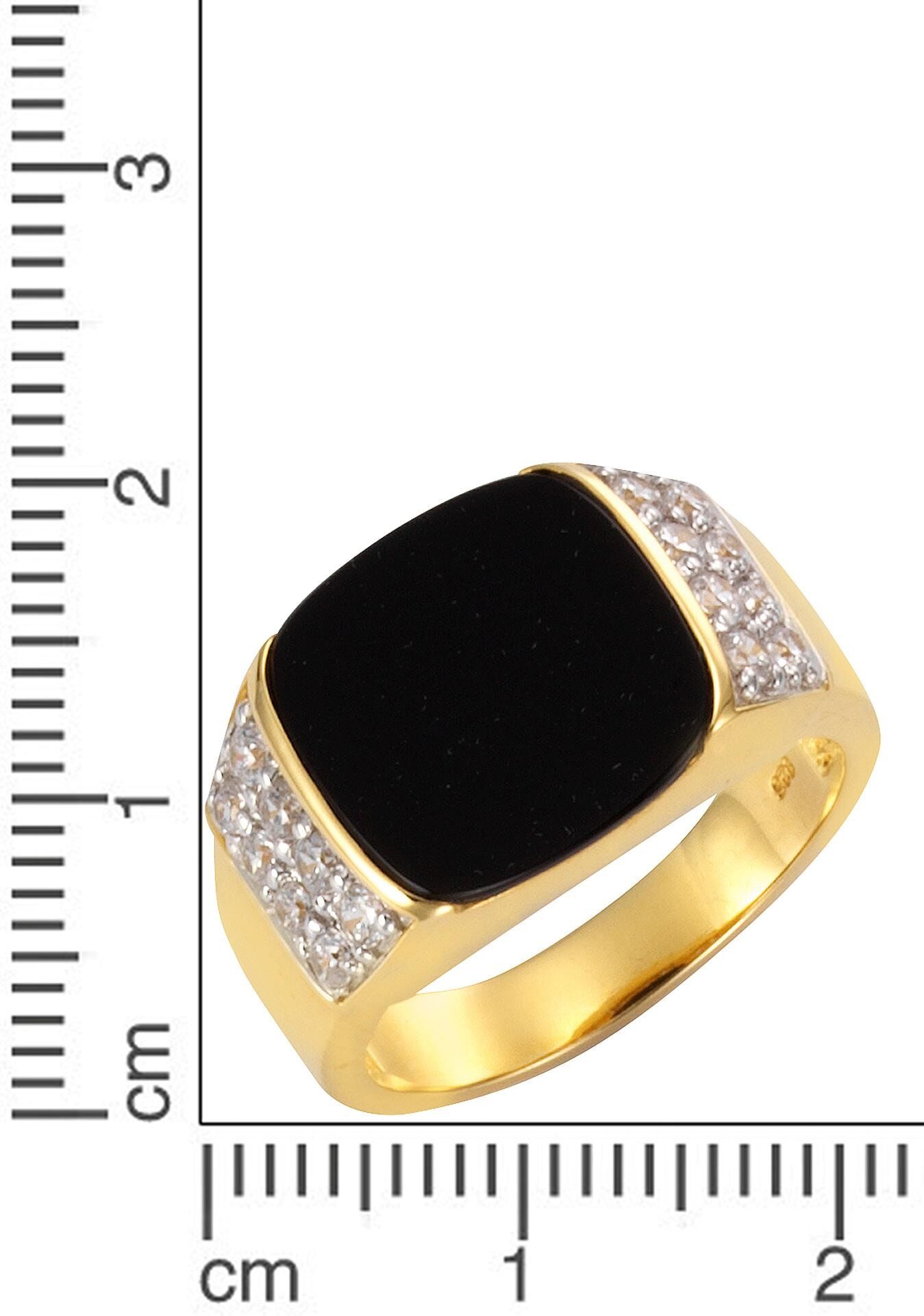 Fingerring FIRETTI "Schmuck Geschenk Silber 925 Herrenring Siegelring Achat" Gr. 22, schwarz (gelbgoldfarben, schwarz, kristallweiß), Fingerringe, Herren, 22, Silber 925 (Sterlingsilber), 4mm, Fingerring, mit Achat, Zirkonia (synth.)