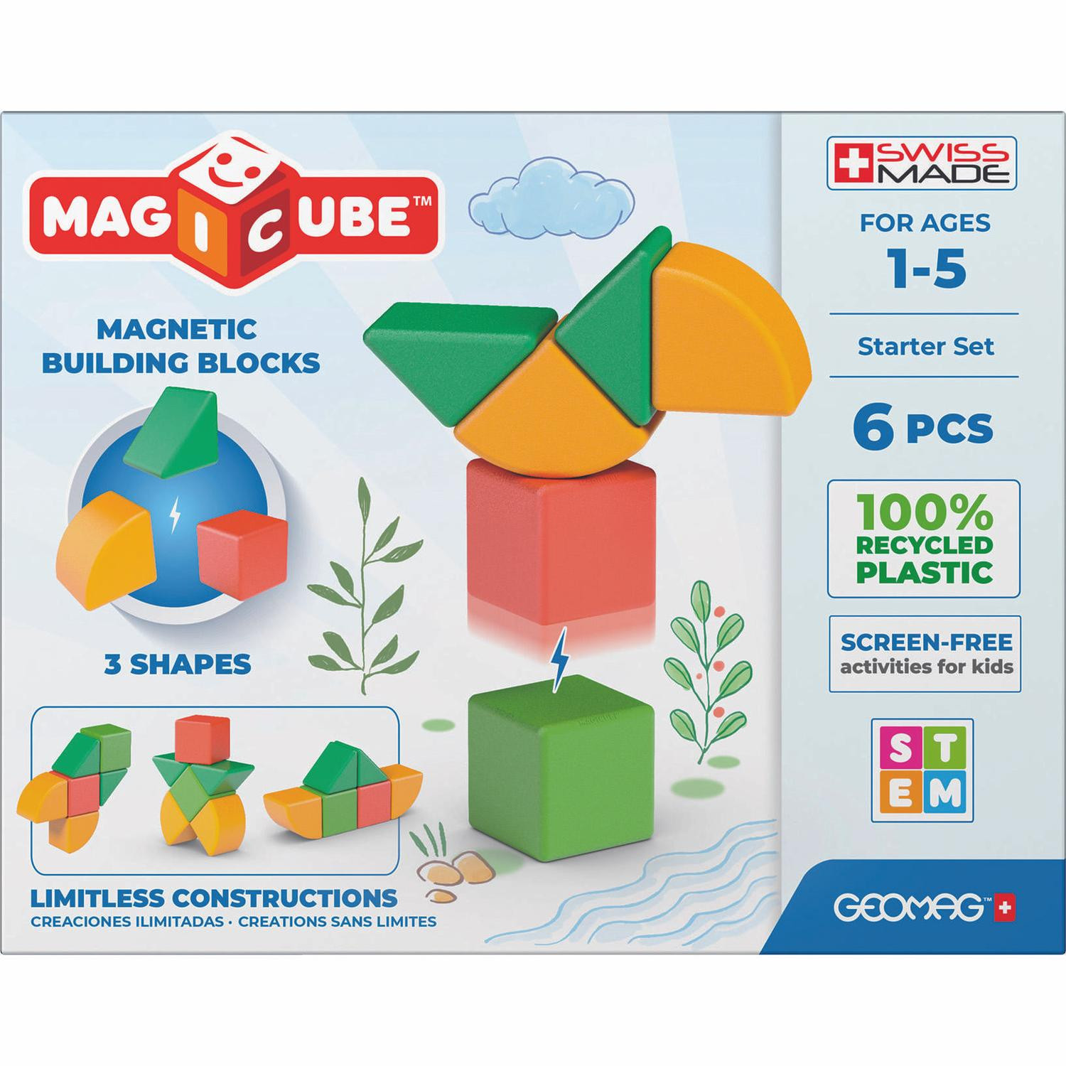 Geomag MagiCube 3 Shapes herbruikbare startersset met 1 basisplaat en 6 magnetische elementen