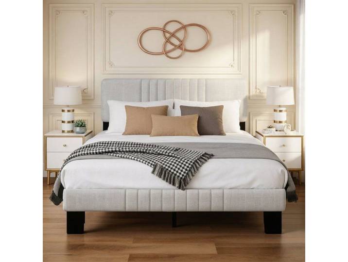 YIDATONG Lit 140x190 cm Tissu en Lin Tête de Lit Réglable Montage Sans Structure Silencieuse Lit Double Beige