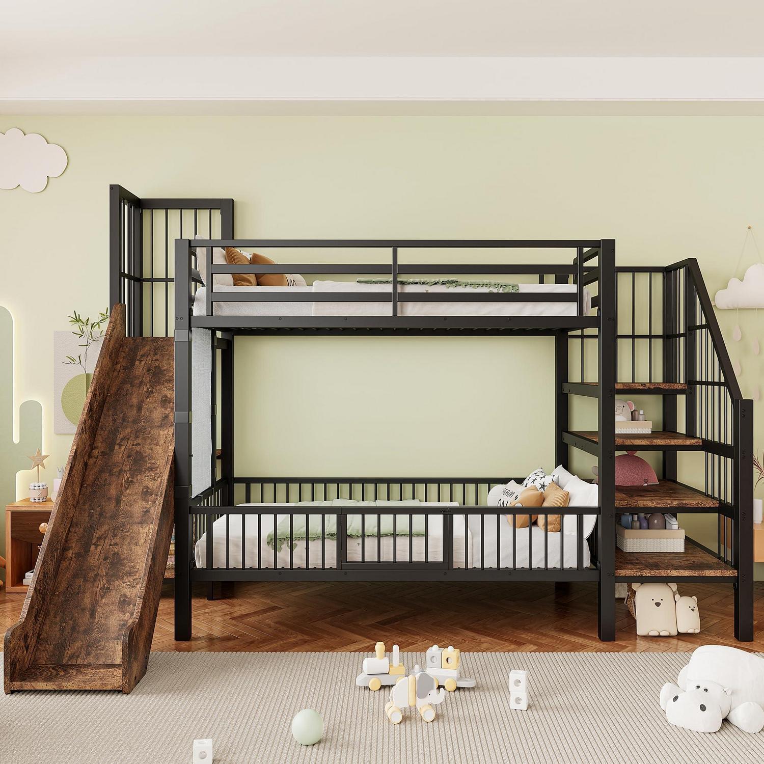 Metall-Hochbett für Kinder mit Rutsche und Stauraumtreppe 90x200cm Schwarz