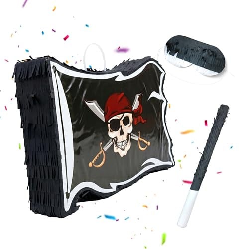 Relaxdays Piñata Piratenvlag met stok en masker, zwart en meerkleurig