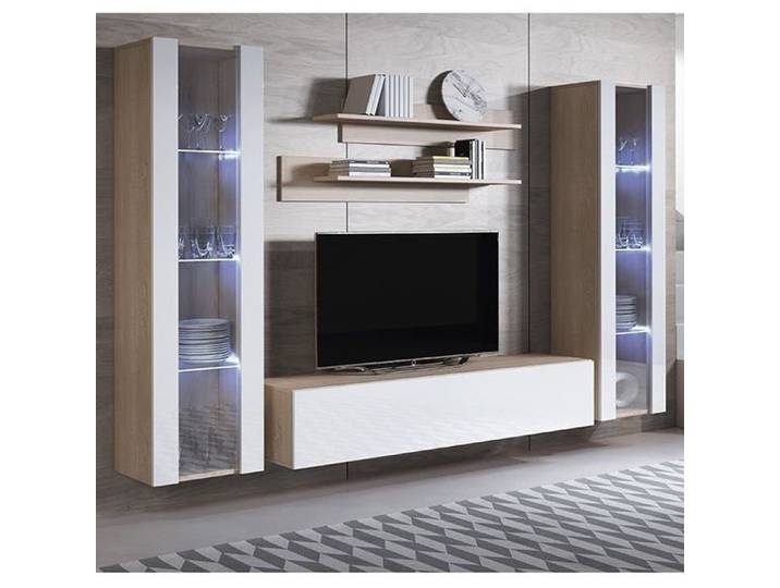 Combinaison de meubles 1 meuble TV 2 armoires murales 2 étagères – Sonoma et Blanc Finition brillante et mat push-click LED – LUKE