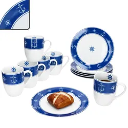 Ahoi 12tlg Frühstücksset Porzellan 6 Personen Teller Kaffeebecher blau maritim