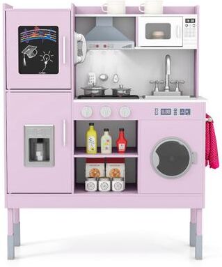 Costway Pretend Play Kitchen Toy Kitchen Playset with Range Hood Ice Maker and Telephone-Pink