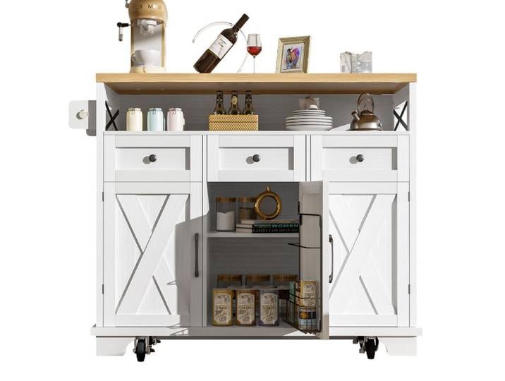 VLIVRA Desserte cuisine 3 tiroirs plateau rabattable porte-serviettes MDF métal blanc