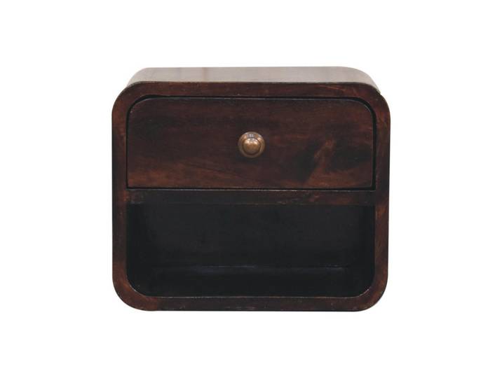 Artisan Furniture Nachtkasten Mini Geschwungen Kalifornisch Nussbaum Wandmontiert, 1 Schublade und Offenes Fach, Dunkelbraun, Holz, Echtholz,Mangoholz, Holz Optik, Quadratisch, 30x25x25 cm, Schlafzimmer, Nachttische