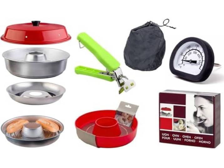 8-teiliges Spar-Set Camping Backofen: Backofen + Silikonform + Thermometer + Aufbackgitter + Tasche + Sun and Ice Haltegriff passend für Omnia Backofen