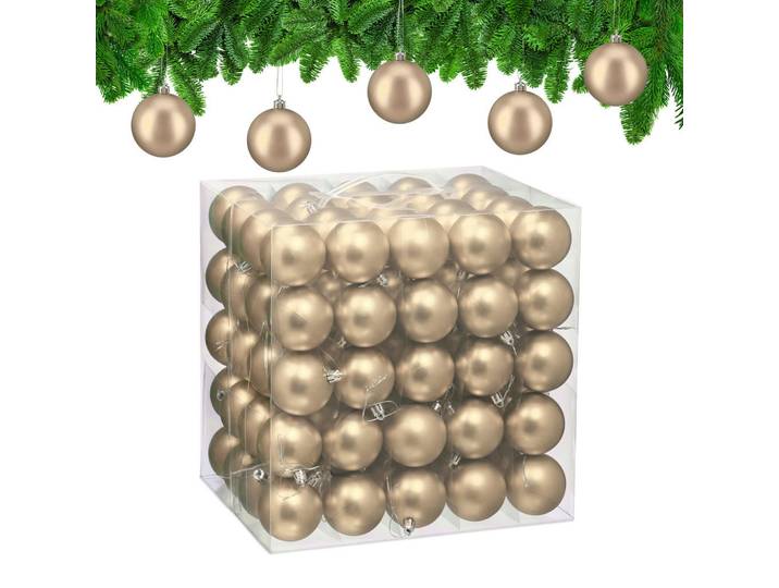 Relaxdays Weihnachtskugeln Champagner 100er-Set, Creme, Kunststoff, 6x7x6 cm, Dekoration, Weihnachtsdekoration, Christbaumschmuck