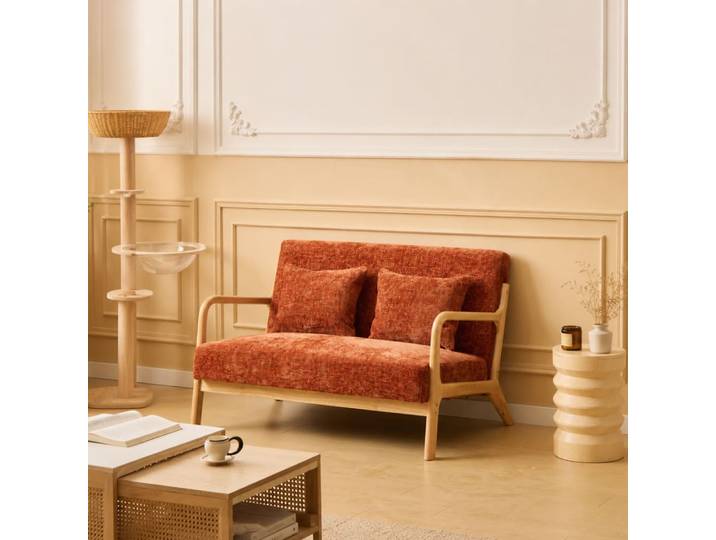 Banquette scandinave 2 places en bois et tissu terracotta