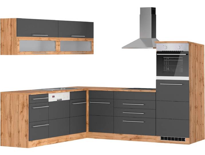 Winkelküche, Grau, 220x250 cm, Spanplatte, Mit Induktionskochfeld, Modern