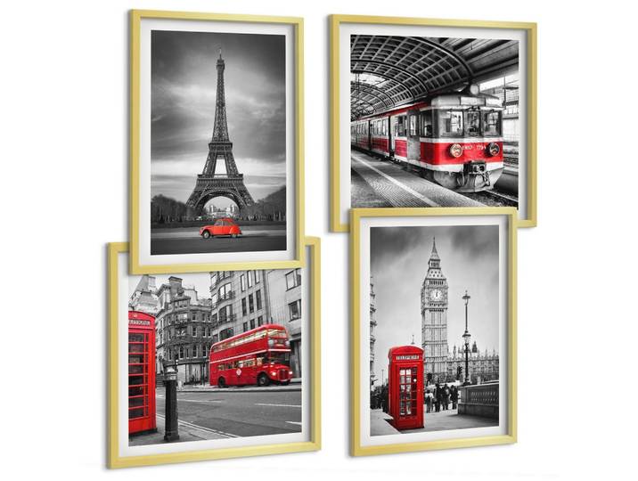 BILDER SET 4er Set - 50x50 cm & 40x60 cm Goldrahmen - Rote Busse in der Stadt
