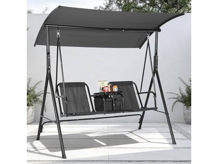 Garvee 2-Sitzer Outdoor Schaukelstuhl mit verstellbarem Sonnendach – Schwenkbarer Ablagetisch, Getränkehalter & Kühltasche – Robuste Hollywoodschaukel für Garten, Terrasse, Balkon, Pool