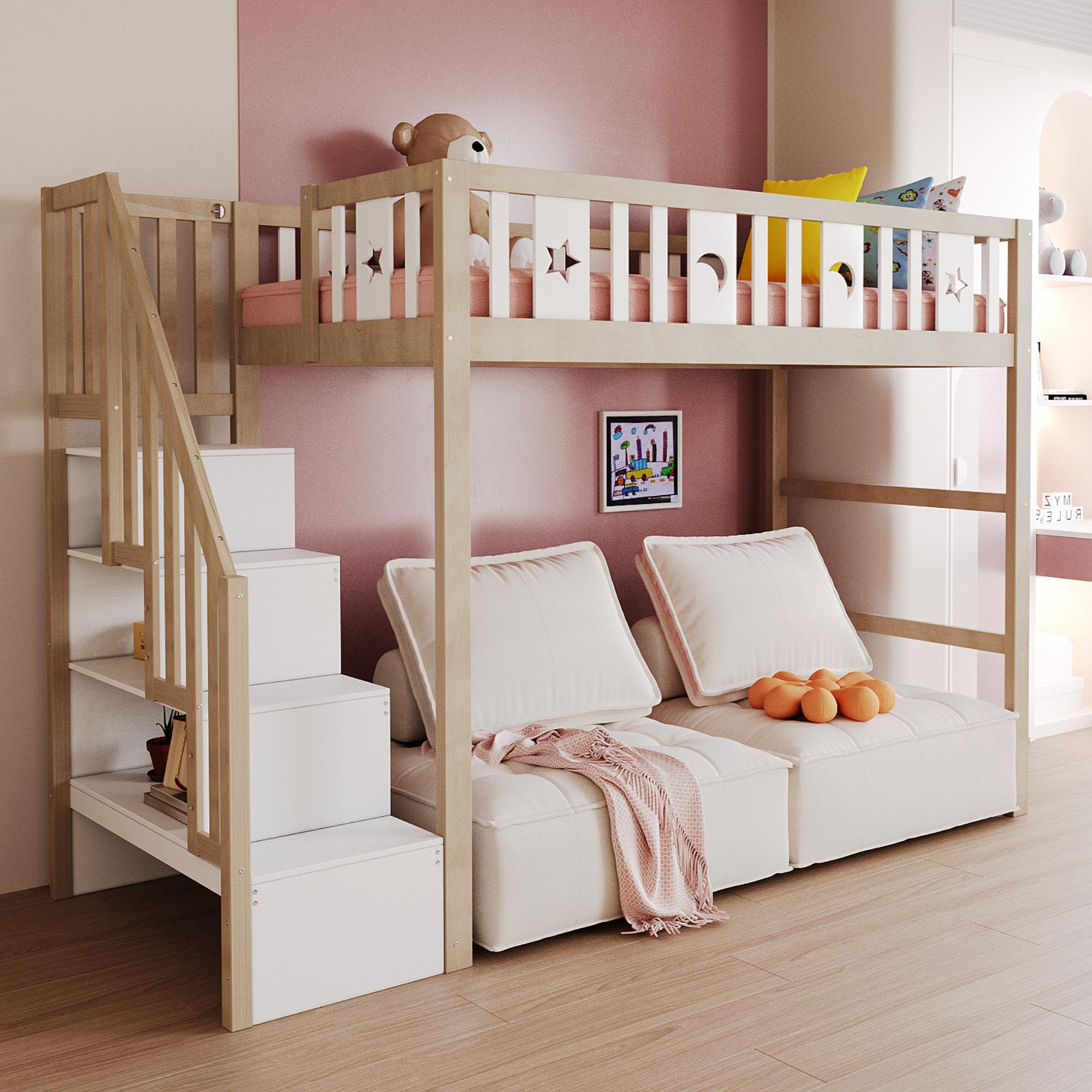 Flieks Etagenbett 90x200cm mit Treppe, Kinderbett mit Rausfallschutz und Lattenrost, Hochbett Einzelbett Stockbett Klassisches Kinderbett, Holzfarbe