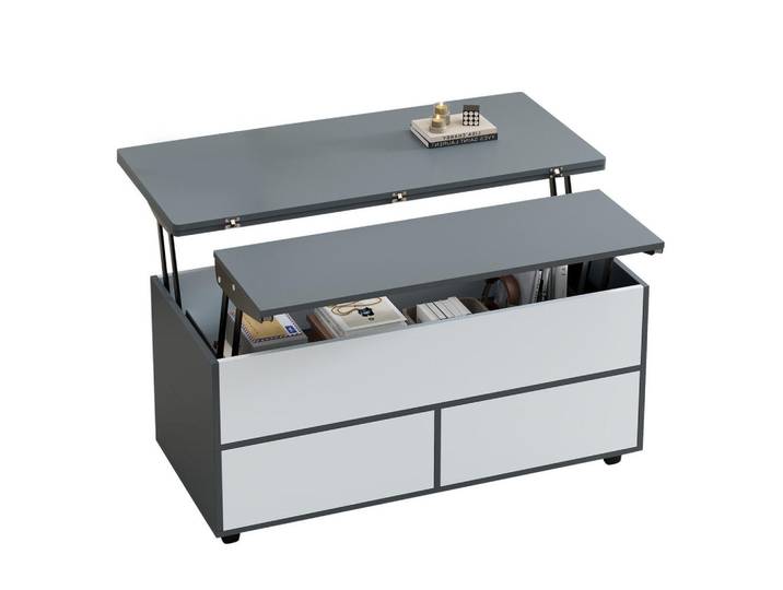 Redom Couchtisch 100/98/65 cm mit 2 hydraulischen Hubplatten, Stauraum und Rollen aus Spanplatte, Grau/Weiß, 98x65x100 cm, Wohnzimmer, Wohnzimmertische, Couchtische