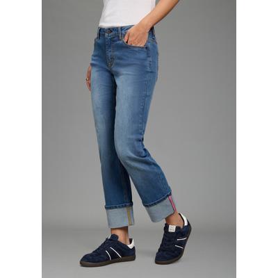 Straight-Jeans ARIZONA "mit Turn-Up", Damen, Gr. 52, N-Gr, blau (blau used), Denim/Jeans, Obermaterial: 56% Baumwolle, 32% Polyester, 10% Viskose, 2% Elasthan, unifarben, straight fit lang, Jeans Straight-Jeans, gerader Straight-Fit, langer Schnitt,...