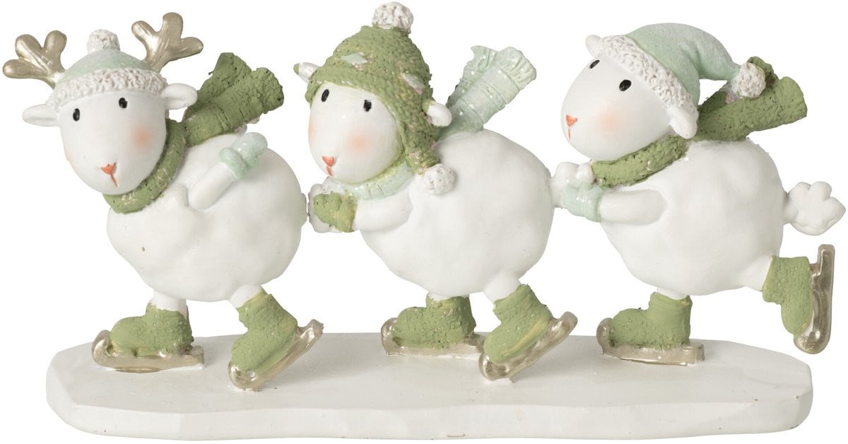 J-Line Schaatsend schaap decoratie - steen - wit/groen