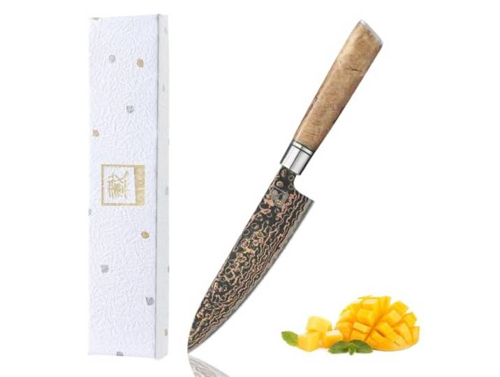 zayiko BlackMagma Allzweckmesser 14 cm, 33 Lagen Damaststahl, Kupfer-Bronze VG10 Kern, 60 ± 2 HRC, 15° V-Schliff und Ahornwurzelholzgriff für präzise Schnitte bei Gemüse, Obst, Kräutern und Fleisch