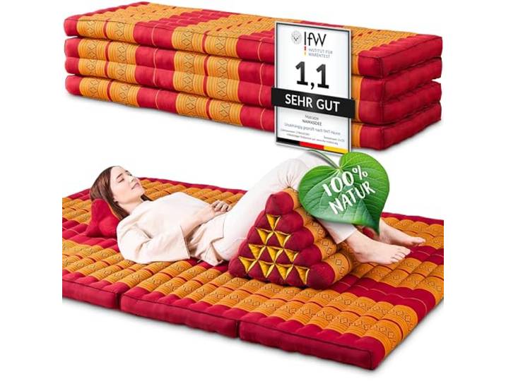 Namasdee Klappmatratze 200x140x8cm mit 100% natürlicher Kapokfüllung (Rot/Gelb)