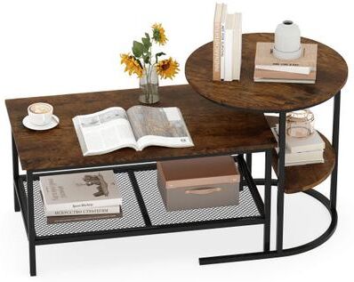 Costway Coffee Table 2-Tier Rectangle Coffee Table and Side End Table with Storage Shelves-Rustic Brown